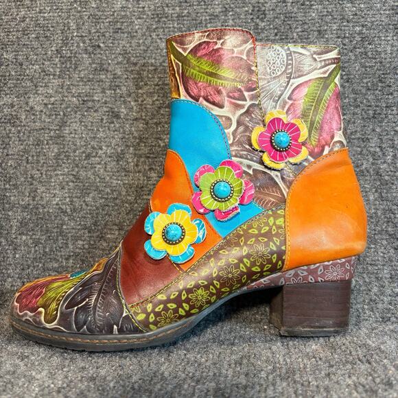 L'Artiste by Spring Step Shoes - L'Artiste Leather Floral Colorful Block Heel Booties Women 9.5 Spring Step